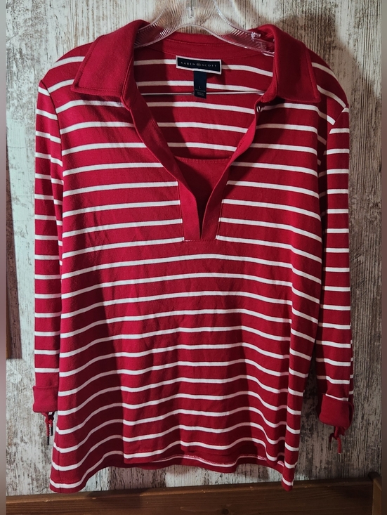 Karen Scott Tops - Karen Scott Red and White Striped Long Sleeve Nautical Vibes Polo Top Size L